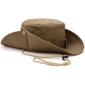 Unisex Brown 100% Cotton Wide Brim Boonie With Chin Strap Classic Bucket Sun Hat